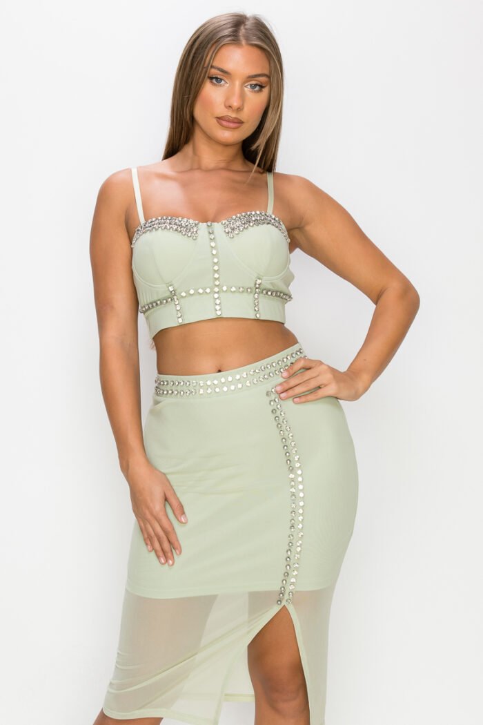 Studded stone cami top & slit mini skirts set