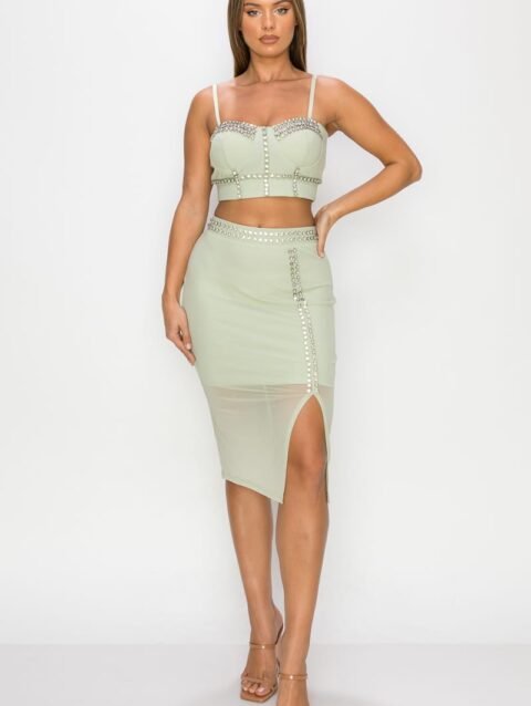 Studded Stone Cami Top & Slit Mini Skirts Set