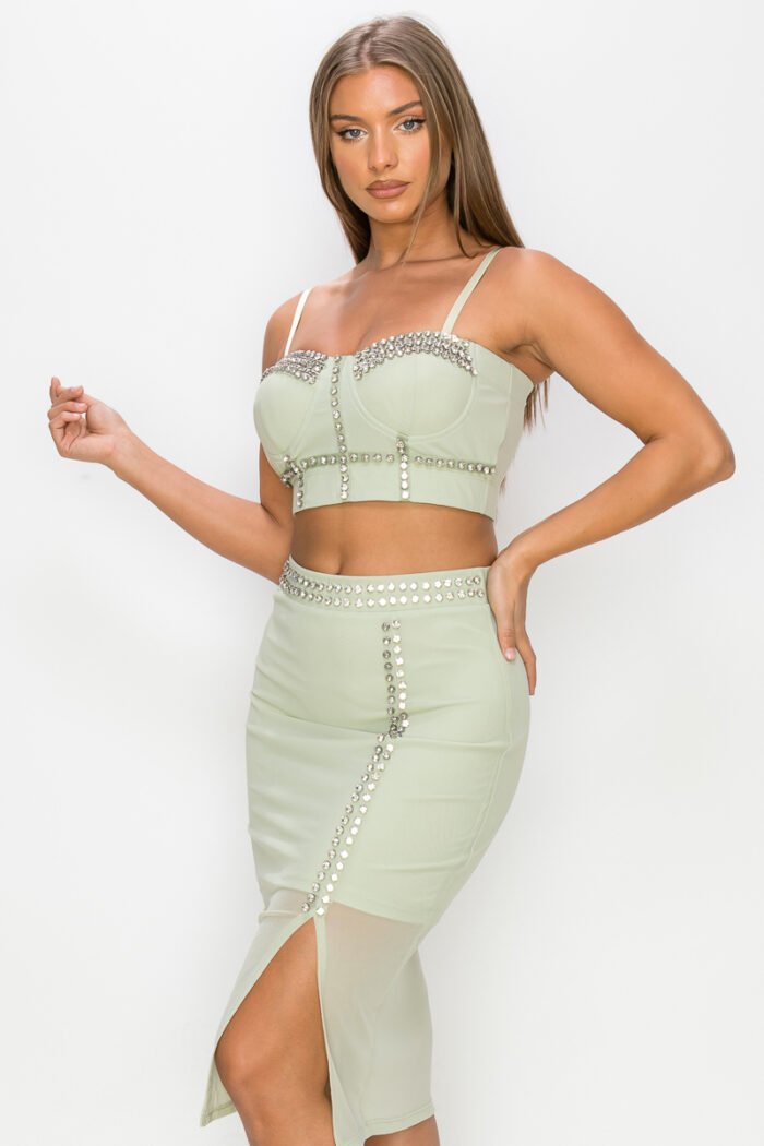 Studded stone cami top & slit mini skirts set