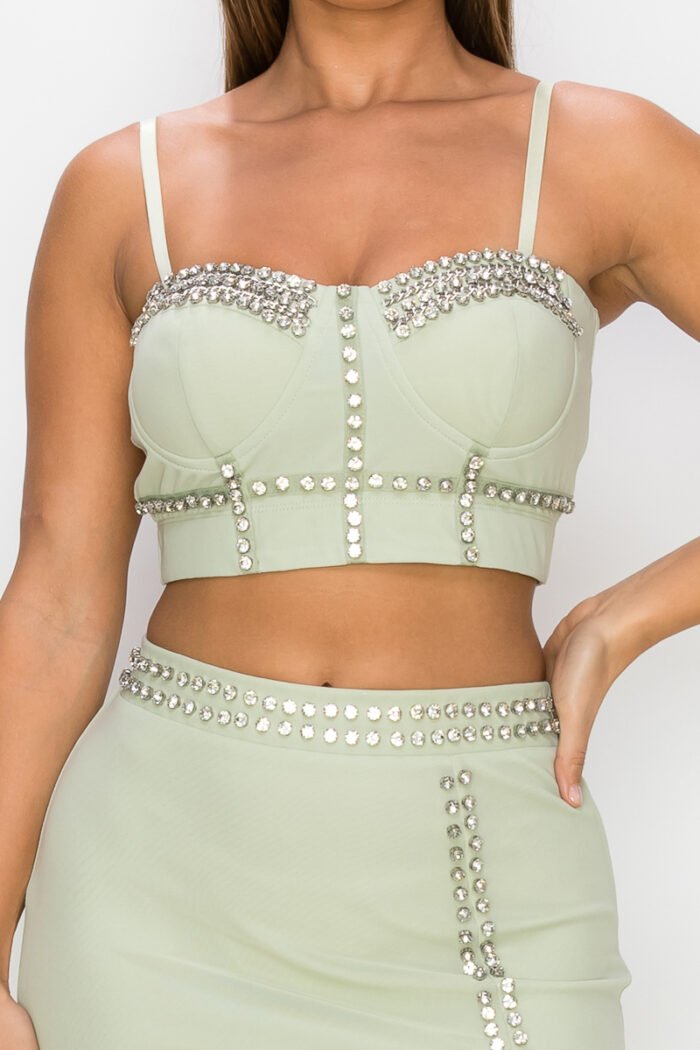 Studded stone cami top & slit mini skirts set