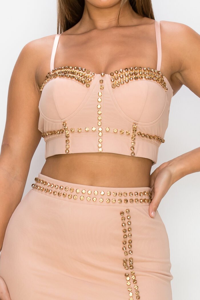 Studded stone cami top & slit mini skirts set
