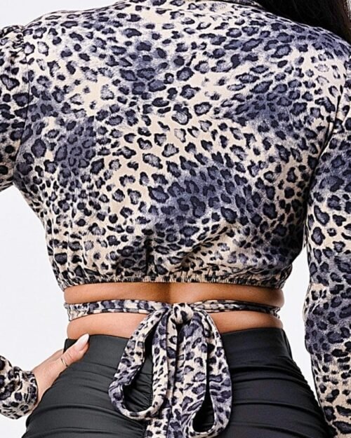 sexy animal print collared back-tie wrap top