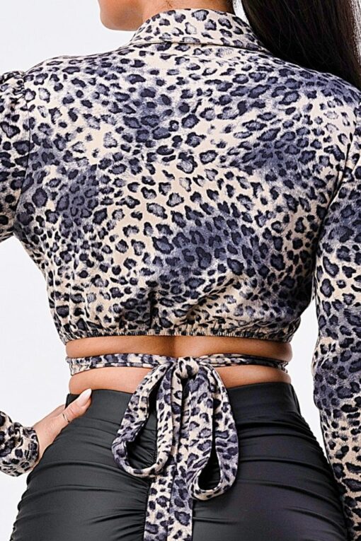 Sexy Animal Print Collared Back-tie Wrap Top - Image 5