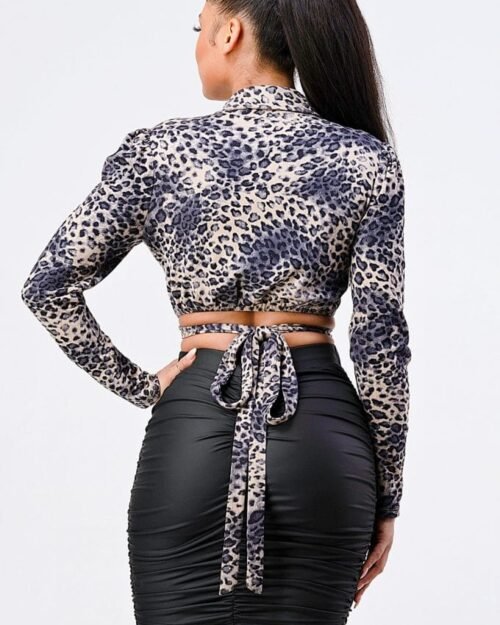 sexy animal print collared back-tie wrap top