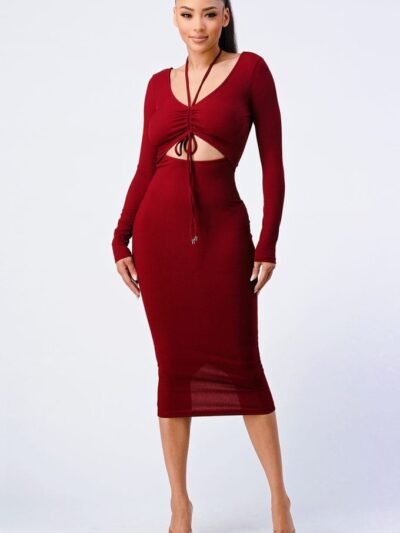 Trendy Front Shirring Cut-out Long Sleeved Dress