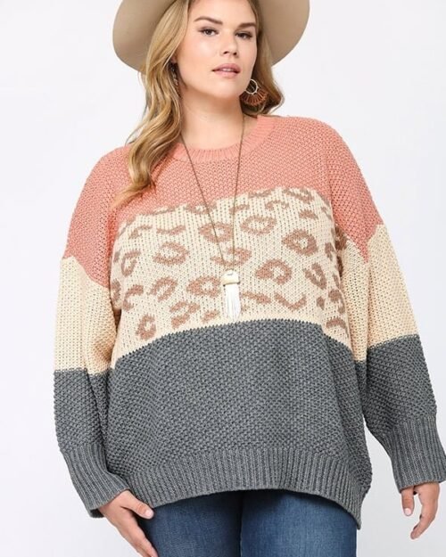 Color Block And Leopard Pattern Mixed Pullover Sweater