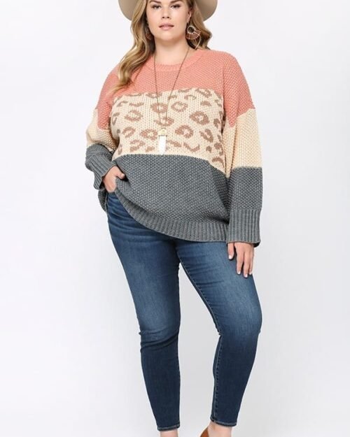 color block and leopard pattern mixed pullover sweater
