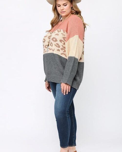 color block and leopard pattern mixed pullover sweater