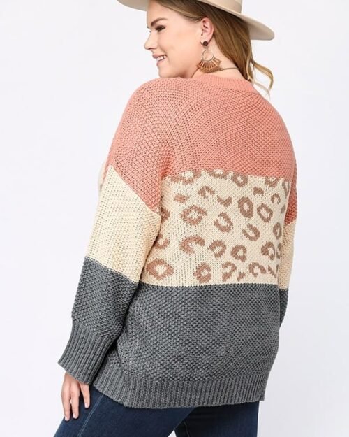 color block and leopard pattern mixed pullover sweater