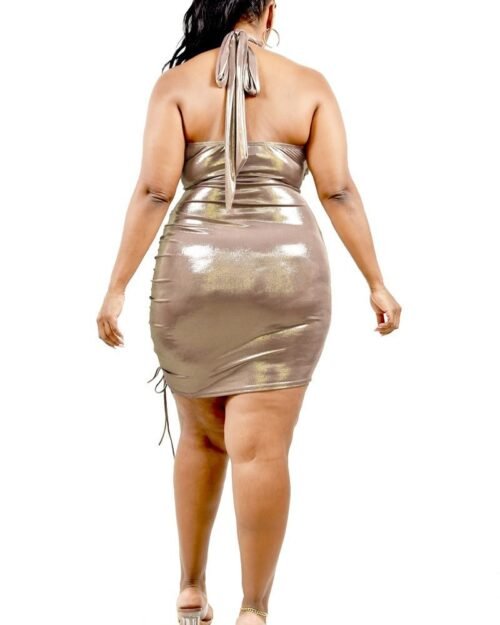 plus metallic cross wrap halter mini dress