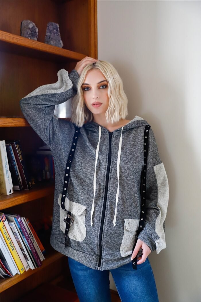 Belt & reversed details zip-up hooded sweater - image 1