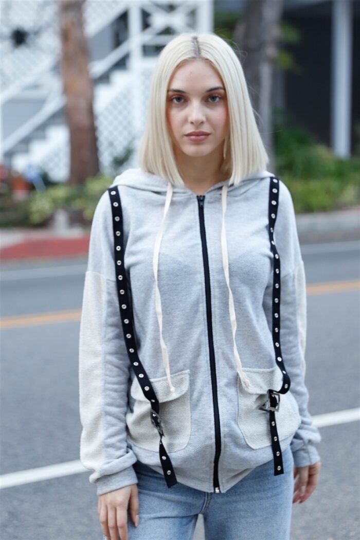 Belt & reversed details zip-up hooded sweater - image 1