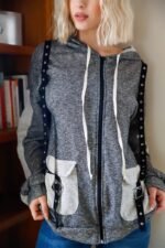 Belt & Reversed Details Zip-up Hooded Sweater - Image 3