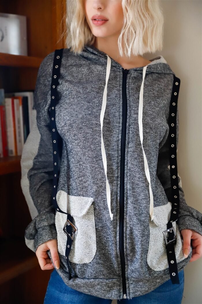 Belt & reversed details zip-up hooded sweater - image 3