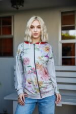 Grey Pink Flower Print Contrast Double Hood Sweater
