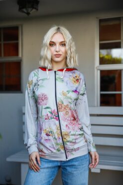 Floral Double Hood Sweater — Grey Pink Contrast Fit