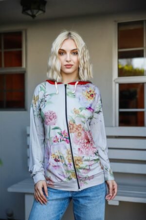 Floral Double Hood Sweater — Grey Pink Contrast Fit