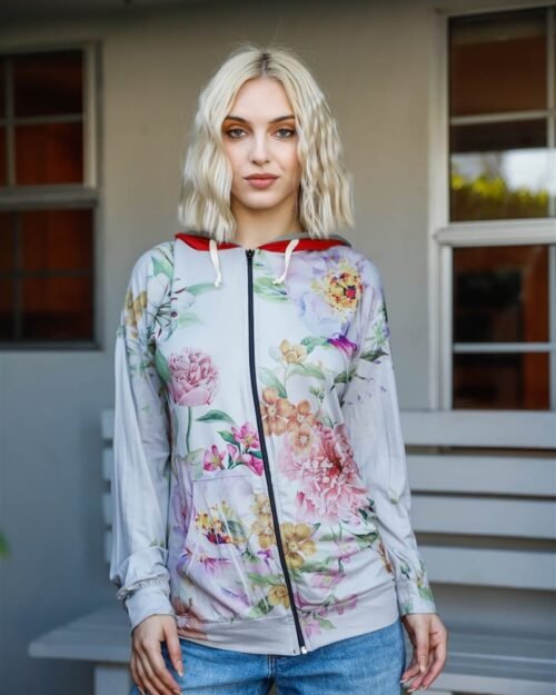 Floral Double Hood Sweater — Grey Pink Contrast Fit