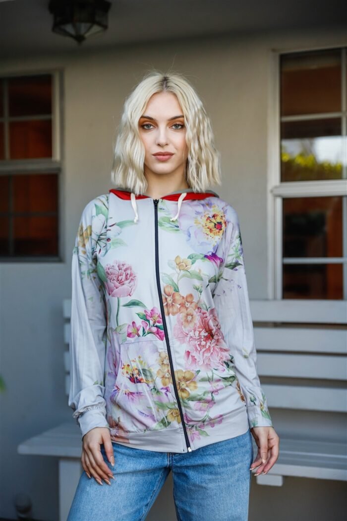Grey pink flower print contrast double hood sweater - image 1