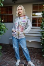 Grey Pink Flower Print Contrast Double Hood Sweater - Image 2
