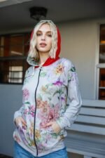 Grey Pink Flower Print Contrast Double Hood Sweater - Image 3