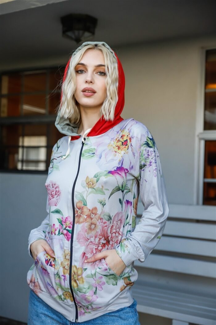 Grey pink flower print contrast double hood sweater - image 3