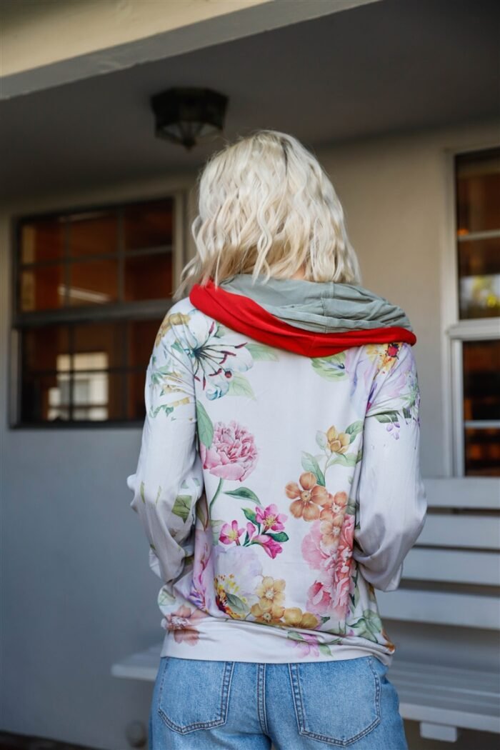 Grey pink flower print contrast double hood sweater - image 4