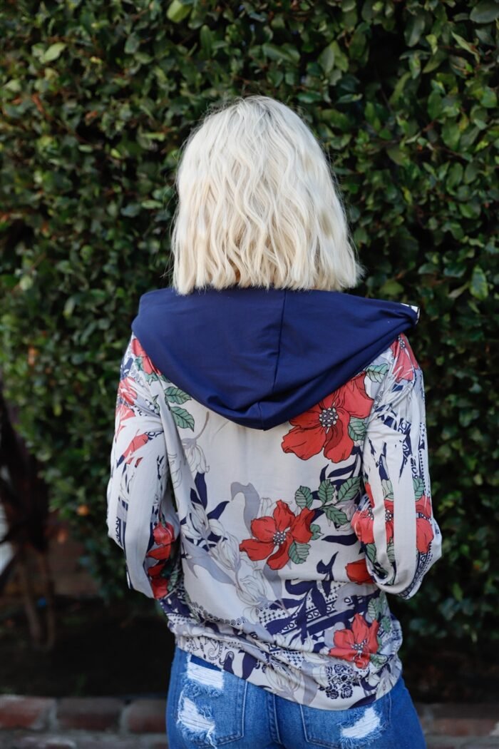 Navy rust flower print zip-up contrast striped hood sweater