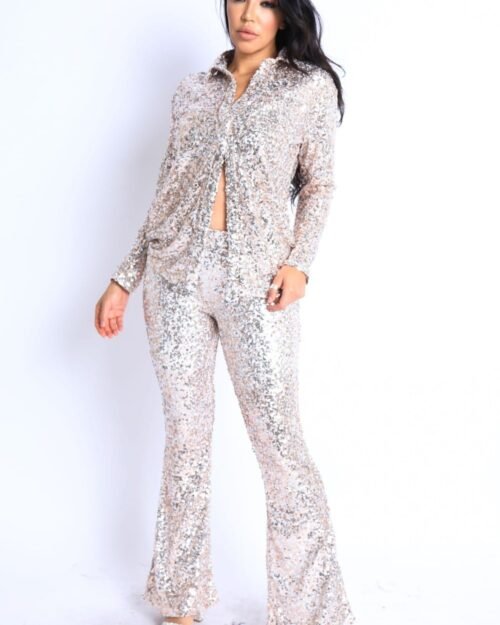 sequin button down shirt and pant set