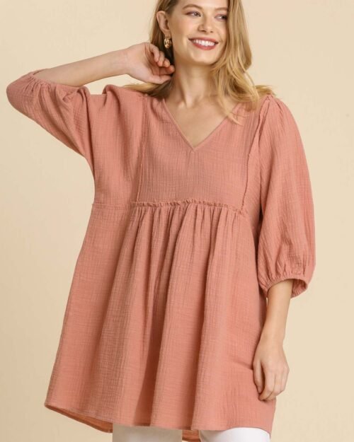 gauze slub v-neck frayed edge detail tunic dress