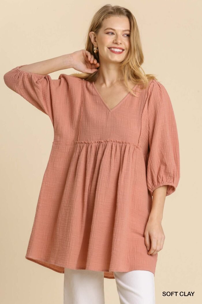 Gauze slub v-neck frayed edge detail tunic dress - image 4