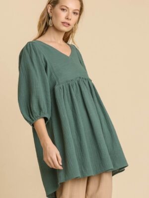 Gauze Slub V-neck Frayed Edge Detail Tunic Dress