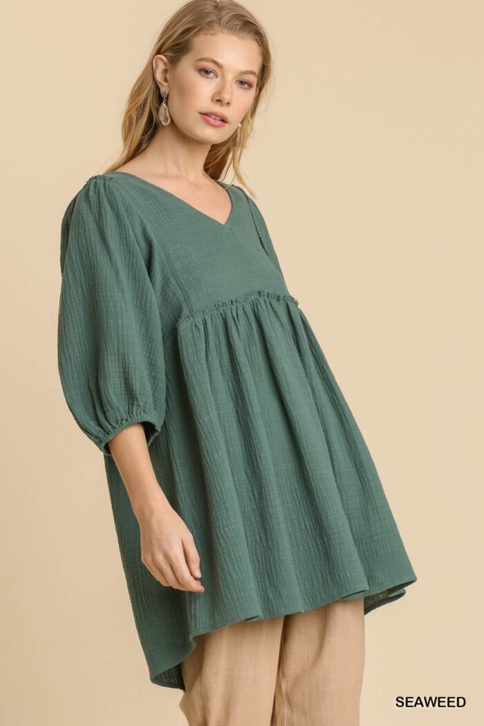 Gauze slub v-neck frayed edge detail tunic dress - image 1