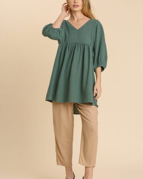 gauze slub v-neck frayed edge detail tunic dress