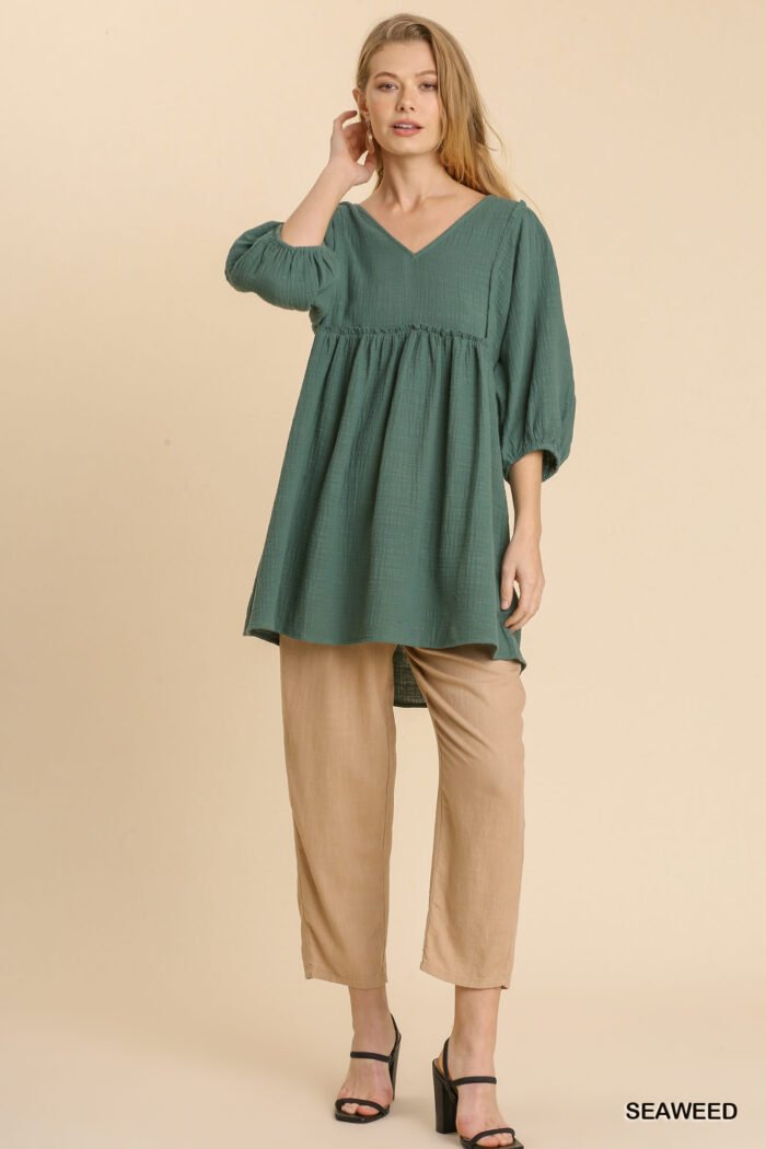 Gauze slub v-neck frayed edge detail tunic dress - image 2