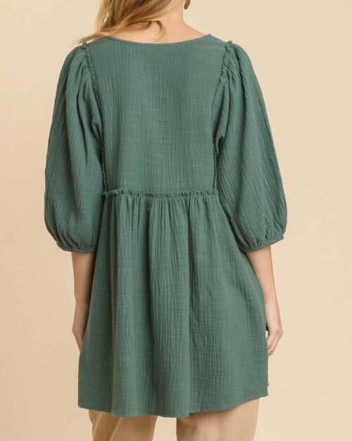 gauze slub v-neck frayed edge detail tunic dress