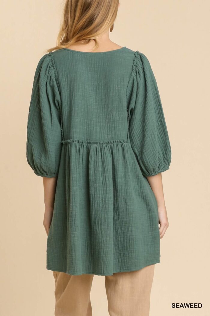 Gauze slub v-neck frayed edge detail tunic dress - image 3