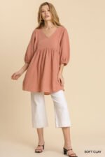Gauze Slub V-neck Frayed Edge Detail Tunic Dress - Image 5