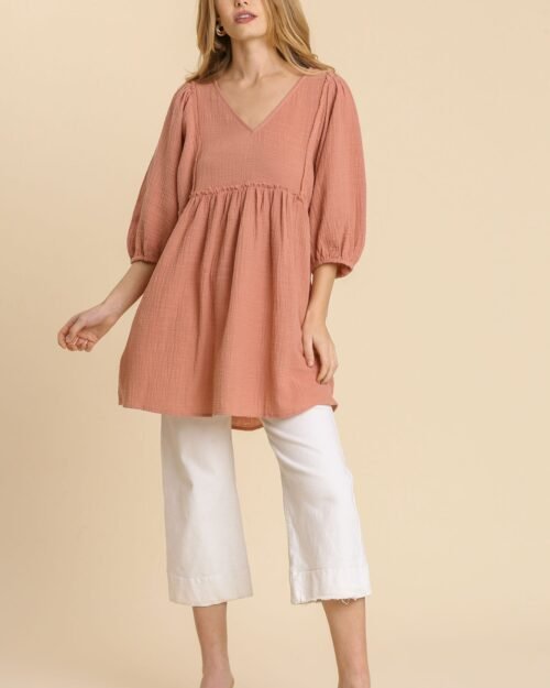 gauze slub v-neck frayed edge detail tunic dress