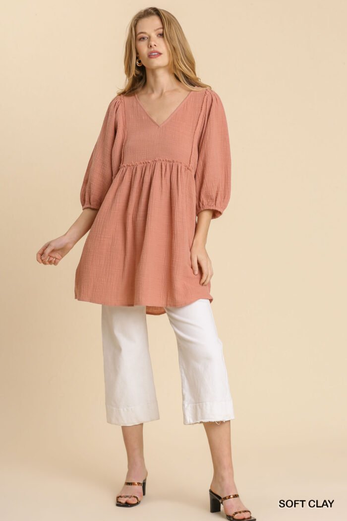 Gauze slub v-neck frayed edge detail tunic dress - image 5