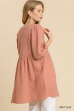 Gauze Slub V-neck Frayed Edge Detail Tunic Dress - Image 6