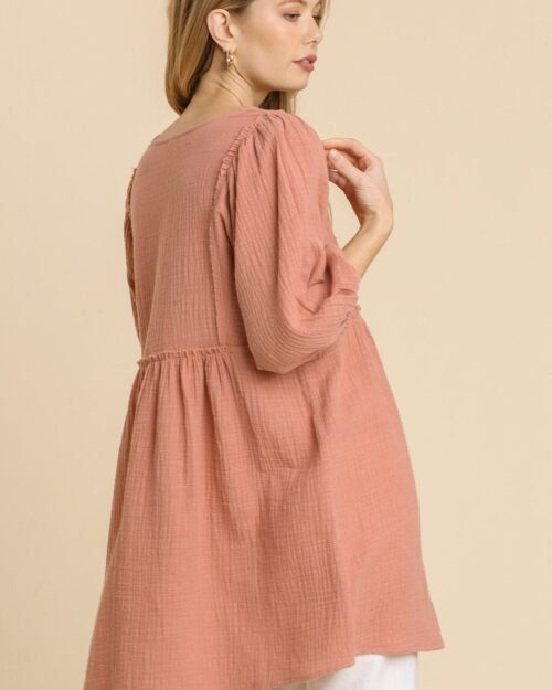 gauze slub v-neck frayed edge detail tunic dress