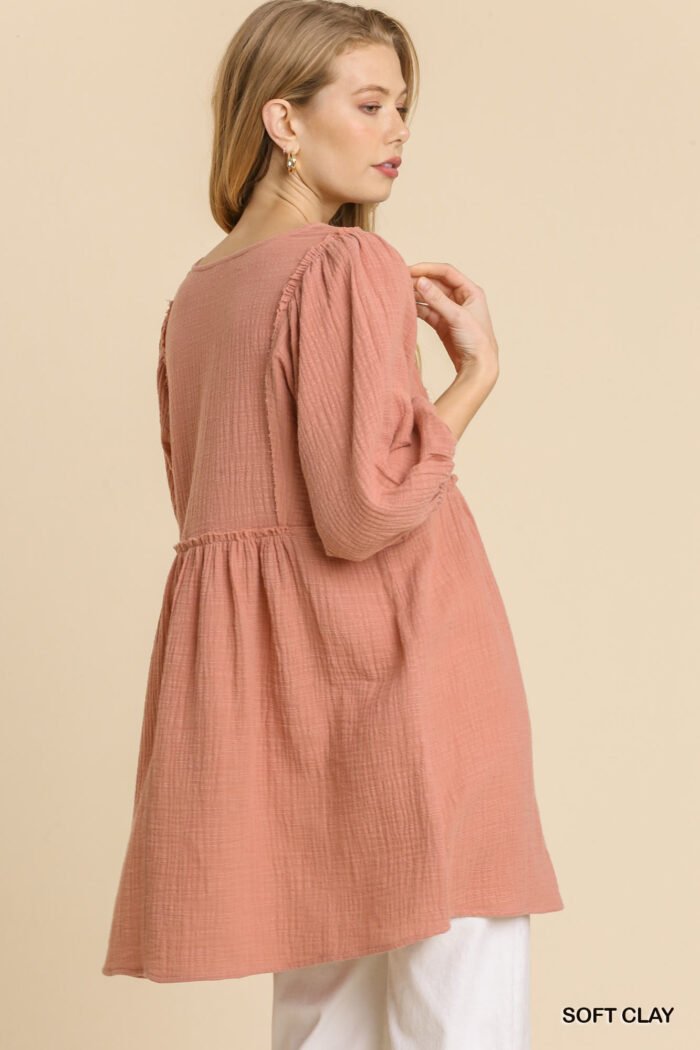 Gauze slub v-neck frayed edge detail tunic dress - image 6
