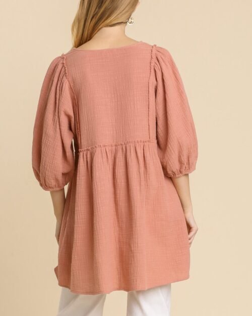 gauze slub v-neck frayed edge detail tunic dress