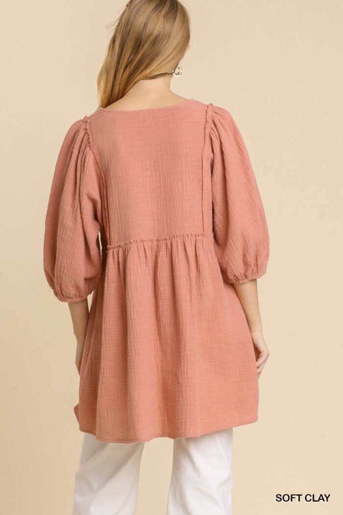 Gauze slub v-neck frayed edge detail tunic dress - image 7