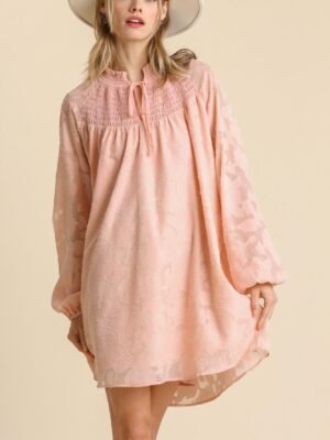 Jacquard Raglan Smocked Tie Neck Yoke Dress