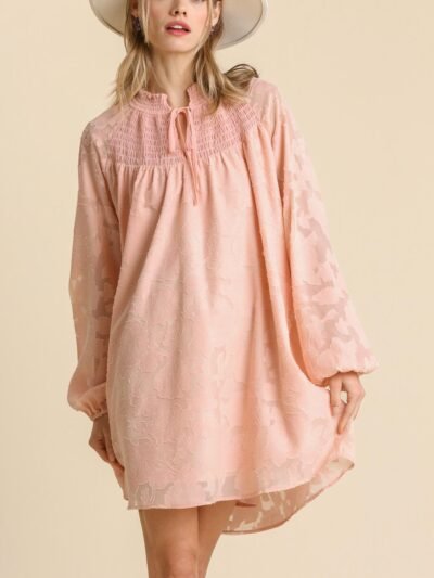 Jacquard Raglan Smocked Tie Neck Yoke Dress