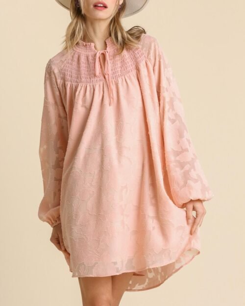 Jacquard Raglan Smocked Tie Neck Yoke Dress