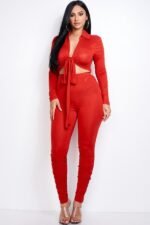 Solid Heavy Rayon Spandex Collared Tie Front Top And Ruched Pants Two Piece Set - Image 3