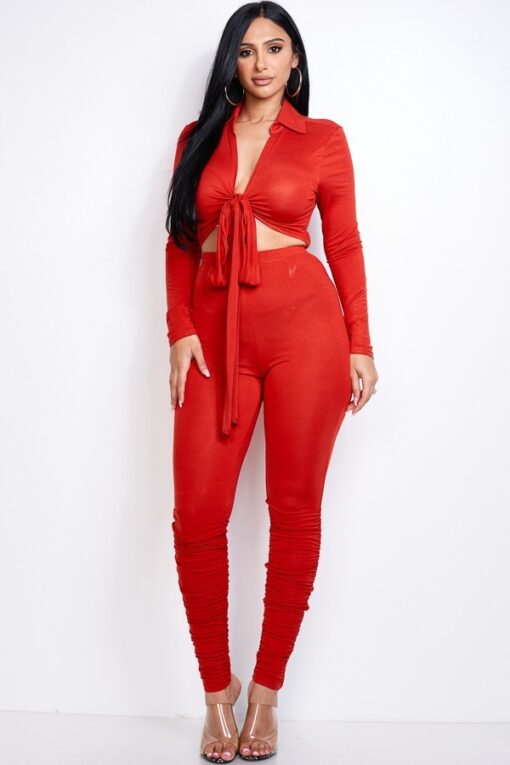 Solid Heavy Rayon Spandex Collared Tie Front Top And Ruched Pants Two Piece Set - Image 3